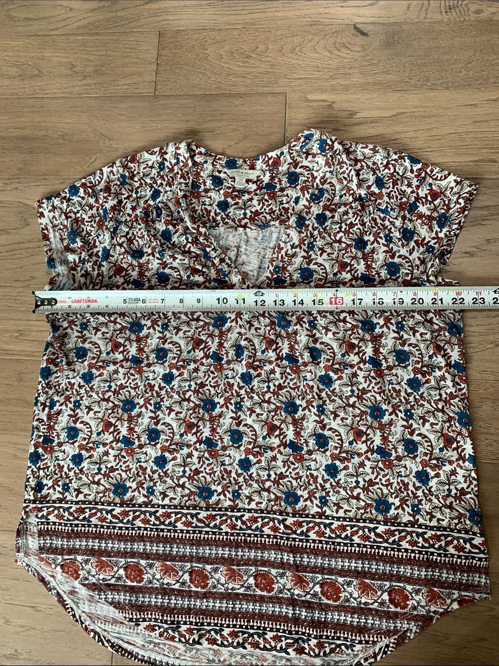Lucky Brand Ivory Floral V-Neck Top with Blue & Rust Print Size Large - Picture 6 of 8